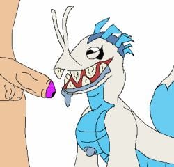 anthro balls big_blue_bubble big_teeths bodily_fluids breasts dawn_of_fire drooling duo female genitals happy human incisaur low_res male male/female mammal my_singing_monsters nipples penis saliva scalie unknown_artist