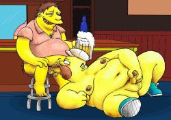 alcohol balls barney_gumble beer belly big_belly bottomless brown_hair fat fat_man fellatio gay hair homer_simpson male male_only moobs nipples obese obese_male overweight penis peterdamart shirt the_simpsons yaoi yellow_balls yellow_penis yellow_skin