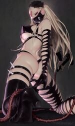 ass blonde_hair bondage gengoroumaru_(ambidextrous) highres holding_whip kaijin_hime_do-s large_breasts latex_bodysuit looking_at_viewer one-punch_man solo zipper_panties