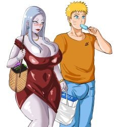 1boy 1girls alien_girl blonde_hair blue_eyes blush boruto:_naruto_next_generations bracelet bulge bulge_through_clothing female gilf goddess holding_object jewelry lavender_eyes lipstick long_hair looking_at_another looking_at_partner looking_at_penis makeup male mature mature_female milf naruto naruto_(series) naruto_shippuden naughty naughty_face naughty_smile necklace no_bra otsutsuki_kaguya pale_skin panarandom pants penis popsicle revealing_clothes shirt shopping_bag short_hair smile sugar_mommy uzumaki_naruto voluptuous walking white_hair white_skin