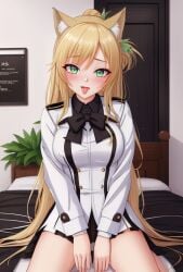 admiral_daisy023 ahe_gao ai_generated blonde_hair_female blush blushing_at_viewer daisy023 fleet_admiral_daisy023 green_eyes high_resolution insignia long_hair looking_at_viewer ribbon sitting_on_bed tongue tongue_out twitch.tv vice_admiral_uniform virtual_youtuber vrchat vtuber wanting_sex wolf_ears wolf_girl