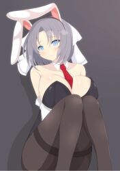 1girls bare_shoulders blue_eyes bunny_ears bunnysuit chimunge cleavage female grey_hair large_breasts light-skinned_female light_skin medium_hair necktie necktie_between_breasts pantyhose senran_kagura simple_background sitting solo straight_hair yumi_(senran_kagura)