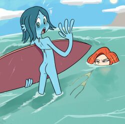 2girls beach bikini blue_skin bra calicobggs chelsea_(ruby_gillman) chelsea_van_der_zee embarrassed embarrassed_nude_female enf female multiple_girls ruby_gillman ruby_gillman,_teenage_kraken sand shocked_expression stolen_bikini stolen_swimsuit surfboard teenage_girl