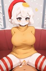 1boy 1girls ai_generated black_eyes bottomless breasts christmas christmas_headwear christmas_outfit egg_(lemyawn) hat heart heart-shaped_pupils knightnyan penis pov pussy santa_hat sex snow sofa striped_thighhighs sweater tagme thighhighs turtleneck turtleneck_sweater vaginal_penetration