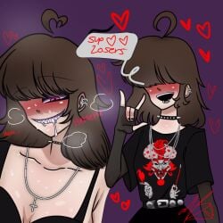 artist_self-insert artist_signature belt bra breathing brown_hair choker cute_deth cute_deth(artist) cute_deth(character) drool drooling egirl emo_girl english_text fashion fishnets hair_over_eyes horny piercing pink_eyes self_insert speech_bubble spiked_collar