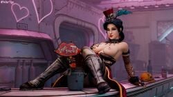 3d blue_eyes blue_hair borderlands borderlands_3 cosplay crossover exposed_breasts mad_moxxi snow_white_(the_wolf_among_us) telltale_games the_wolf_among_us tip_jar weerteex