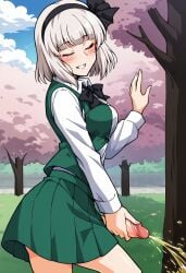 ai_generated bob_cut closed_eyes futanari green_skirt green_vest hairbow holding_own_penis konpaku_youmu peeing touhou urination white_hair youmu_konpaku zfivefan