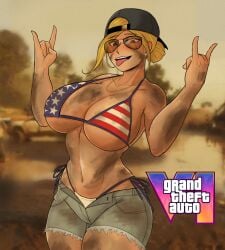 1girl 1girls 2020s 2023 adult adult_girl alternate_version_at_source american_flag_bikini background_character backwards_baseball_cap backwards_cap baseball_cap belly_button big_breasts bikini bikini_top black_headwear blonde_hair bottomwear breasts brown-tinted_eyewear busty cleavage clothed clothed_female clothes clothing cowboy_shot curvaceous curvy denim_shorts devil_horns_(gesture) dirt dirty_body escriba eyebrows_visible_through_hair eyewear female front_view fully_clothed gesture grand_theft_auto grand_theft_auto_vi grey_bottomwear gta_pedestrians hair happy hat headwear hi_res human jean_shorts large_breasts legs_together light-skinned_female light_skin looking_at_viewer midriff mud mud_girl_(gta_vi) navel necklace npc open_mouth outdoors pose posing redneck redneck_girl rockstar_games shorts smile smiling smiling_at_viewer snapback solo solo_female standing stomach strong_tomboy_(spectrum) sunglasses teeth thick_thighs thigh_gap thighs tinted_eyewear tomboy tongue tongue_out unnamed_character voluptuous wide_hips