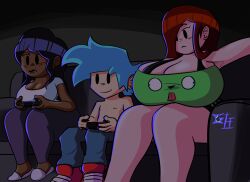 2girls armpits big_ass big_breasts boob_window boyfriend_(friday_night_funkin) carol_(bbpanzu) clothed female friday_night_funkin girlfriend_(friday_night_funkin) greenhorn_(artist) huge_ass huge_breasts multiple_girls playing_videogame sideboob