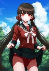 ai_generated bangs black_hair blue_sky blunt_bangs blush bow breasts cloud cowboy_shot danganronpa day female hair_ornament harukawa_maki long_hair long_sleeves looking_at_viewer low_twintails mole mole_under_eye outdoors panties plaid plaid_skirt pleated_skirt red_eyes red_legwear red_panties red_scrunchie red_shirt school_uniform scrunchie serafuku shirt skirt skirt_lift sky solo standing twintails underwear very_long_hair