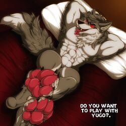 animal_genitalia anthro athletic athletic_anthro balls bloody_roar canid canine canis foreskin genitals hi_res male male_only mammal pawpads paws pawzzhky penis presenting raised_paw red_penis sheath solo video_games wolf yugo_ogami