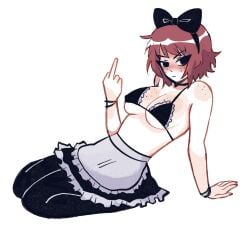 1girls black_eyes blush bow bra female flipping_off flipping_the_bird flipping_viewer_off freckles freckles_on_breasts freckles_on_face freckles_on_shoulders hairbow kim_pine kneeling maid maid_uniform megrocks middle_finger nipple_bulge red_hair scott_pilgrim short_hair solo solo_female wristband