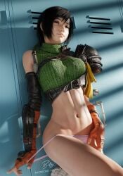 1girls 3d 3d_(artwork) abs against_wall athletic_female big_breasts billyhhyb brown_eyes brown_hair dark_hair female female_abs female_human female_only final_fantasy final_fantasy_vii final_fantasy_vii_remake fit_female green_clothing green_topwear hand_covering_pussy headband human kunoichi light-skinned_female midriff midriff_baring_shirt ninja pink_panties sfw short_hair slim_waist solo solo_female taking_clothes_off taking_off_panties teenage_girl teenager toned_female toned_stomach variant_set wide_hips yuffie_kisaragi