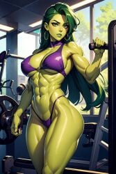 1girls abs ai_generated big_breasts bikini earrings female female_only green-skinned_female green_body green_hair green_lips green_skin gym hoop_earrings hulk_(series) large_breasts long_hair marvel marvel_comics muscles muscular muscular_arms muscular_female she-hulk solo solo_female thick_thighs vitoryt