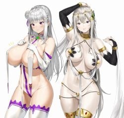 2girls alternate_breast_size alternate_costume areola_slip arm_up bare_shoulders blunt_bangs blush braid breast_curtains breasts bridal_gauntlets butterfly_hair_ornament circlet closed_mouth covered_nipples dancer echidna_(re:zero) elbow_gloves elf emilia_(re:zero) flower gem gloves hair_between_eyes hair_flower hair_ornament hair_ribbon hand_up hands_on_own_breasts hands_up hi_res high_resolution highres huge_breasts jewelry legs_apart long_hair looking_at_viewer multiple_girls navel o-ring pixel_(yuxian) pointy_ears purple_eyes purple_ribbon re:zero_kara_hajimeru_isekai_seikatsu revealing_clothes ribbon simple_background smile standing thighhighs thighs tsurime very_long_hair white_background white_flower white_gloves white_hair white_legwear x_hair_ornament