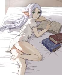 1girls ass barefoot bed book earrings elf feet female frieren green_eyes grey_hair highres jewelry legs long_hair looking_at_viewer lying no_pants on_bed on_side open_book pointy_ears shirt solo sousou_no_frieren white_shirt zefra_bleu