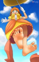 barefoot blue_eyes brown_hair clouds dress feet feet_focus flying foot_focus gloves high_heels legs looking_down mario_(series) nintendo open_mouth osjey parasol princess_daisy shoes_removed sky soles super_smash_bros. super_smash_bros._ultimate tomboy yellow_dress