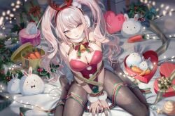 1girls alice_(nikke) bare_shoulders black_pantyhose blush breasts christmas cleavage emyo female from_above fully_clothed goddess_of_victory:_nikke leotard open_mouth pantyhose pink_eyes pink_hair sitting twintails