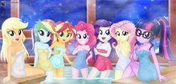 7girls applejack_(eg) applejack_(mlp) breasts casual charliexe deviantart_link equestria_girls female female_only fluttershy_(eg) fluttershy_(mlp) friendship_is_magic group hasbro human looking_at_viewer multiple_girls my_little_pony non_nude pinkie_pie_(eg) pinkie_pie_(mlp) rainbow_dash_(eg) rainbow_dash_(mlp) rarity_(eg) rarity_(mlp) sauna sci-twi sunset_shimmer tagme towel towel_wrap twilight_sparkle_(mlp)