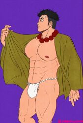 abs bara big_pecs black_hair blind demon_slayer facial_scar fundoshi haori himejima_gyomei johnvillain25 kimetsu_no_yaiba male male_only muscular muscular_male muscular_thighs necklace open_clothes pecs prayer_beads purple_background scar shaved_side sideburns solo thick_thighs