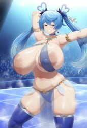 ai_generated arm_behind_head belly_dancer belly_dancer_outfit blue_angel_(yu-gi-oh) blue_hair choker dance_floor dancer_outfit dancing earings eroeroai hair_ornament large_breasts legwear nipples_visible_through_clothing panties_visible_through_clothing string_bra twintails zaizen_aoi