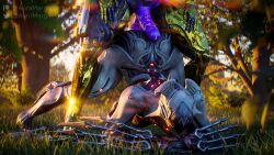 3d 3d_(artwork) athletic_female athletic_futanari auramargaret being_watched blender_(software) blurred_background bodily_fluids cum forest futa_on_female futanari garuda_(warframe) glowing_genitalia gynomorph gynomorph/female hi_res intersex intersex/female ivara_(warframe) jackochallenge multicolored_body penis robot robot_girl saryn_(warframe) spread_legs spreading tenno veiny_penis warframe weapon