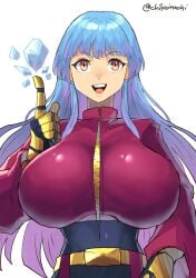 1girls 2d alternate_breast_size big_breasts blue_hair breasts busty chikoinochi female female_only gloves hazel_eyes huge_breasts ice king_of_fighters kula_diamond large_breasts light-skinned_female light_skin long_hair looking_at_viewer purple_outfit smile smiling snk solo solo_female teeth tight_clothing white_background yellow_gloves zipper