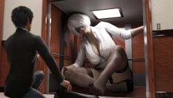 1boy 1girls 3d big_breasts blindfold bradengts breasts clothing elevator female giantess growth hairband light-skinned_female light_skin macro male nier nier:_automata office office_lady taller_girl white_hair yorha_2b