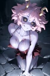 ai_generated aiposter bare_shoulders barefoot blood blood_on_face crazy crazy_eyes crazy_smile horns medium_breasts mina_ashido my_hero_academia on_ground pink_hair red_dress stare torn_clothes yellow_eyes