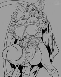 1futa 2022 5_fingers alternate_version_at_source animal_humanoid anthro artist_logo artist_name ash_(mariagator) balls big_balls big_breasts boosterpang bra breasts canid canine cape chains clothed clothing collar ear_piercing fingers fox futa_only futanari genital_focus genitals gloves goth gynomorph hair halloween halloween_2022 halloween_costume handwear holidays huge_balls huge_breasts humanoid intersex line_art logo looking_at_viewer mammal mammal_humanoid melee_weapon monochrome partially_clothed penis penis_focus piercing polearm scythe simple_background skimpy solo solo_futa spiked_bra spiked_collar spikes underwear weapon