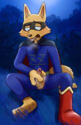 anthro balls canid canine clothing fox genitals hi_res humanoid_genitalia humanoid_penis kaiketsu_zorori male mammal masturbation npw80p penile penile_masturbation penis solo tongue tongue_out torn_clothing zorori