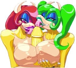 2girls bowser casetermk fellatio female huge_breasts jadiva koopa licking luigi mario mario_(series) multiple_girls nipples paizuri penis pixel_art rubina thick_lips threesome tongue_out