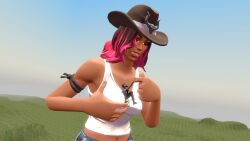 big_breasts breasts calamity_(fortnite) cowgirl fortnite hat held_by_hands kinky pink_hair renegade_lynx sfm size_difference source_filmmaker squeezing squeezing_breast surprised tail