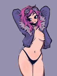 1girls arms_behind_head arms_up black_eyes coat female fur_trim goggles goggles_on_head jacket megrocks partially_clothed pink_hair ramona_flowers scott_pilgrim short_hair solo solo_female thong