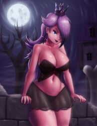 1female alternate_costume black_clothing black_dress black_panties blocks breasts casual_clothes crown dark_purple_lips dark_sky female female_only front_view garter_belt garter_straps goth goth_girl gothic hair_over_one_eye haunted_house holding human large_breasts long_hair looking_at_viewer mario_(series) moon moonlight night nintendo outdoors pale-skinned_female princess_rosalina purple_hair saf-404 saf404 saf_404 safartwoks safartworks solo standing super_mario_galaxy thick_thighs video_game_character voluptuous_female