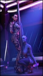 3d 3d_(artwork) asari breasts commissioner_upload female female_only fishnets foab30 glasses high_heels jack_(mass_effect) liara_t'soni long_hair mass_effect medium_breasts multiple_girls oc request small_breasts stockings strip_club stripper stripper_pole tattoo