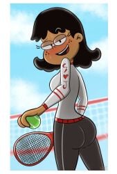 aged_up ass autart bedroom clothing female from_behind looking_at_viewer nickelodeon older stella_zhau sweat tennis_ball tennis_racket tennis_uniform the_loud_house white_background