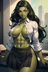 1girls abs ai_generated big_breasts breasts female female_only green_hair green_skin hulk_(series) large_breasts marvel marvel_comics muscles muscular muscular_arms muscular_female ripped_clothing she-hulk skirt solo solo_female vitoryt