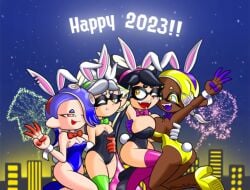 4girls alternate_costume ass bacontactician breasts callie_(splatoon) female female_only frye_(splatoon) frye_onaga marie_(splatoon) new_year nintendo open_mouth shiver_(splatoon) shiver_hohojiro splatoon splatoon_(series) splatoon_3 tacticalbacon84 year_of_the_rabbit