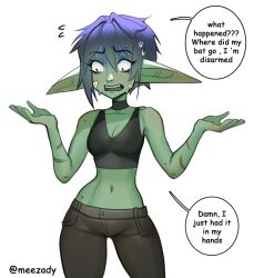 1girls bat belly_button big_ears black_hair female female_only goblin goblin_female green_skin lola_miller_(roxxxan) long_ears oc original_character roxxxan short_hair small_breasts small_waist solo tomboy