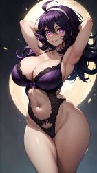 ai_generated armpits big_breasts hands_behind_head hex_maniac lingerie pokemon pokemon_xy sexy_waifus wide_hips