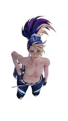 akali blender breasts disgusted evjiji female female_only gloves kneeling kneeling_oral_position league_of_legends light-skinned_female light_skin long_hair looking_up memz3d nude_female nude_male_clothed_female ponytail slender small_breasts topless topless_female