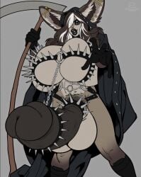 1futa 2022 5_fingers alternate_version_at_source animal_humanoid anthro artist_logo artist_name ash_(mariagator) balls big_balls big_breasts black_lipstick boosterpang bra breasts canid canine cape chains clothed clothing collar ear_piercing fingers fox futa_only futanari genital_focus genitals gloves goth gynomorph hair halloween halloween_2022 halloween_costume handwear holidays huge_balls huge_breasts humanoid intersex lipstick logo looking_at_viewer makeup mammal mammal_humanoid melee_weapon multicolored_hair partially_clothed penis penis_focus piercing polearm scythe simple_background skimpy solo solo_futa spiked_bra spiked_collar spikes trans_woman transfem underwear weapon