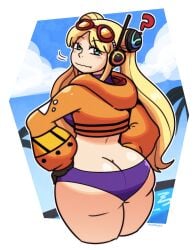 ? beach big_ass bikini bikini_bottom blonde_hair blue_eyes blush butt_crack crop_top female female_only freckles kujikawaii looking_at_viewer looking_back one_piece revealing_clothes small_clothes small_waist squiggle_mouth staring thick_thighs vegapunk_york