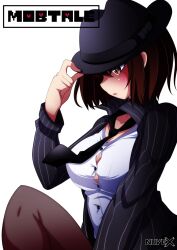 1girls 2d aged_up artist_name black_tie blazer blush breasts brown_eyes brown_hair female female_frisk frisk frisk_au hat large_breasts looking_down nuvex shirt solo solo_focus tagme tie tights undertale undertale_(series) undertale_au white_background