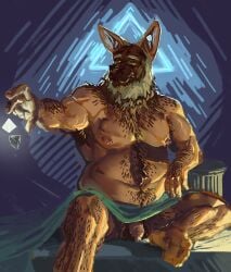 absurd_res anthro armpit_hair avalath_tiger balls body_hair canid canine canis domestic_dog foreskin genitals hairy_balls hi_res male mammal musclegut nude overweight penis pose pubes solo