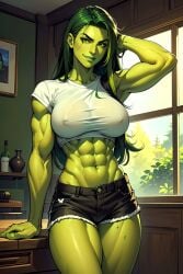 1girls abs ai_generated big_breasts booty_shorts breasts female female_only green_hair green_skin hulk_(series) jennifer_walters large_breasts marvel marvel_comics midriff muscles muscular muscular_arms muscular_female see-through see-through_clothing see-through_shirt see-through_top she-hulk short_shorts shorts solo solo_female thick_thighs vitoryt