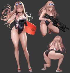 1girls ass back_view big_ass blush breasts choker cleavage flip_flops goddess_of_victory:_nikke goggles_on_head gray_background gun happy high_cut_swimsuit holding_gun large_breasts legs light_brown_hair long_hair multiple_poses multiple_views official_art one_piece_swimsuit rapi_(classic_vacation)_(nikke) rapi_(nikke) red_eyes rifle sandals sideboob smile soldier solo sprite surfboard swim_goggles swimsuit thick_thighs thighs wet