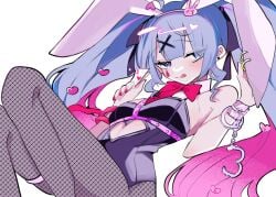 ahoge ai_generated ai_hands blue_eyes blue_hair bunny_ears bunny_girl bunny_tail bunnysuit hatsune_miku heart huge_thighs long_hair pink_eyes pink_hair rabbit_hole_(vocaloid) ribbon smile thighs twintails vocaloid