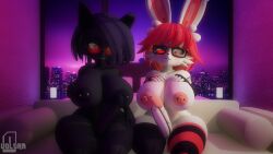 2futas black_hair blush bunny_ears cat_ears clothed duo furry furry_only futa_only futanari glasses huge_breasts in_heat_(game) leggings naked nile_(in_heat) nipples nude orange_eyes penis pierced_nipples poppi_(in_heat) red_hair sofa tagme white_hair yellow_eyes